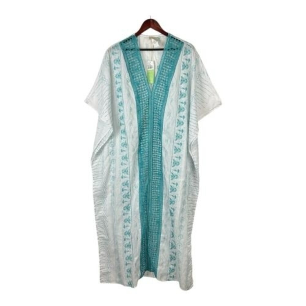 NEW RIO DE JAS size large White Blue embroidered Kaftan Mumu Dress Maxi Poncho